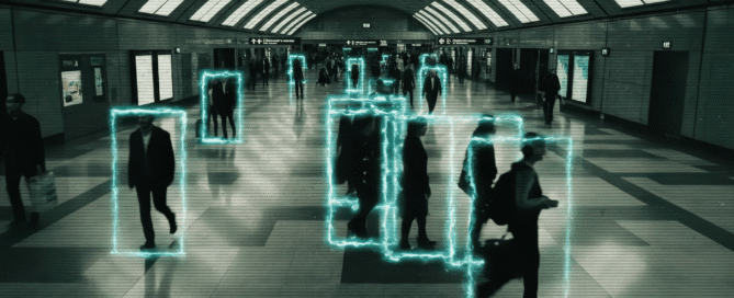 People walking through a subway tunnel, highlighted by blue squares.