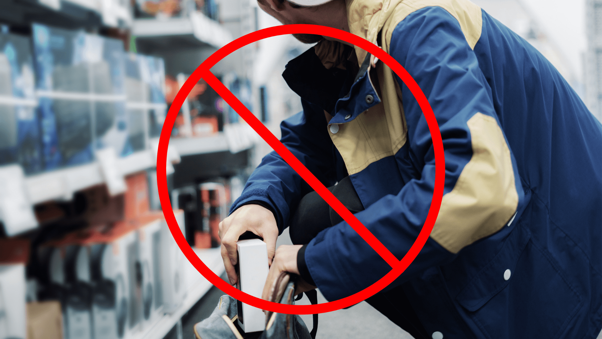 Man stealing from a retail store. Image has prohibited symbol overlaid.