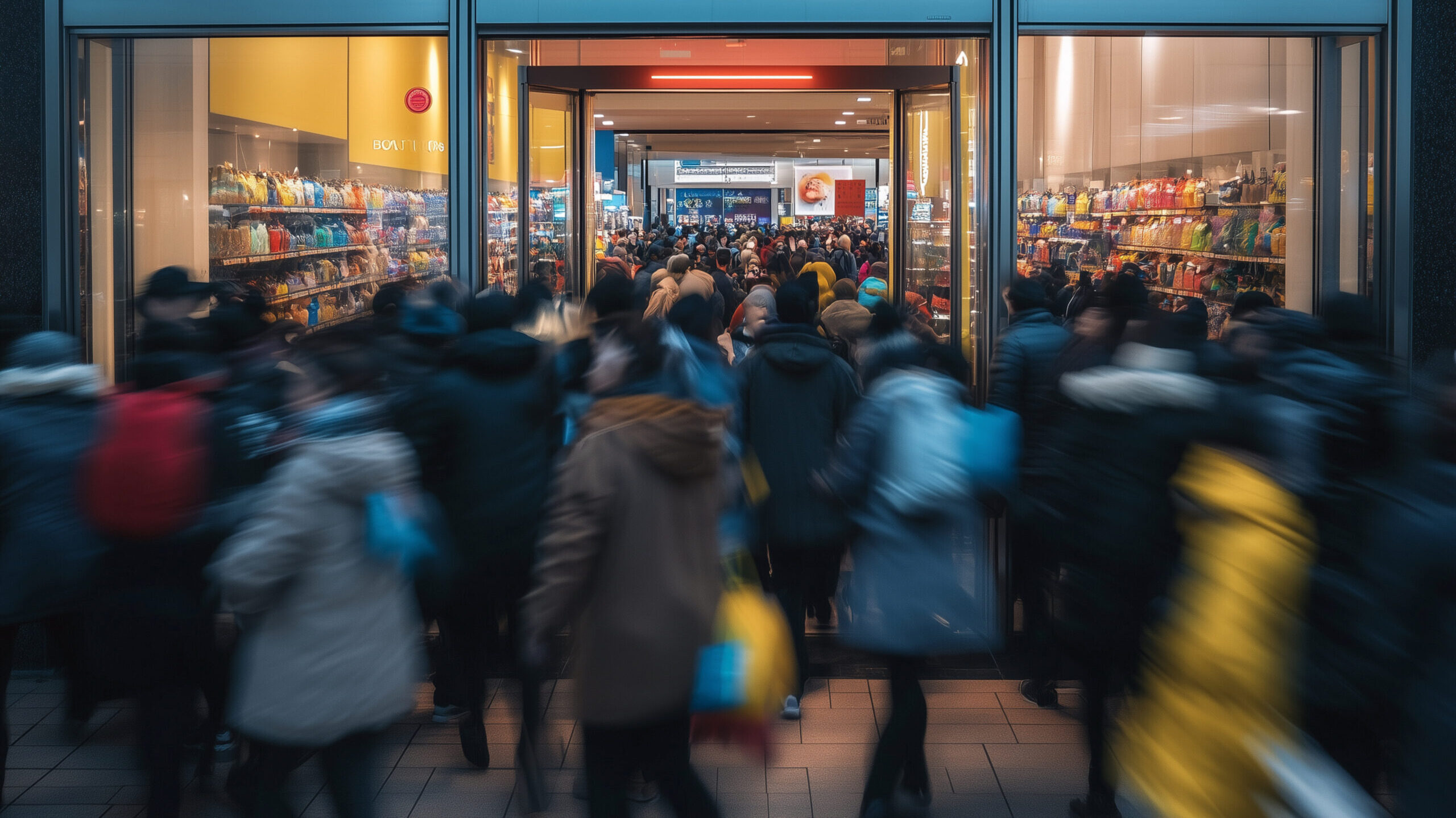 group-people-are-walking-into-store-scene-is-blurry-it-is-busy-day-store (2) Motion blurred image of people moving in and around a retail store entrance.