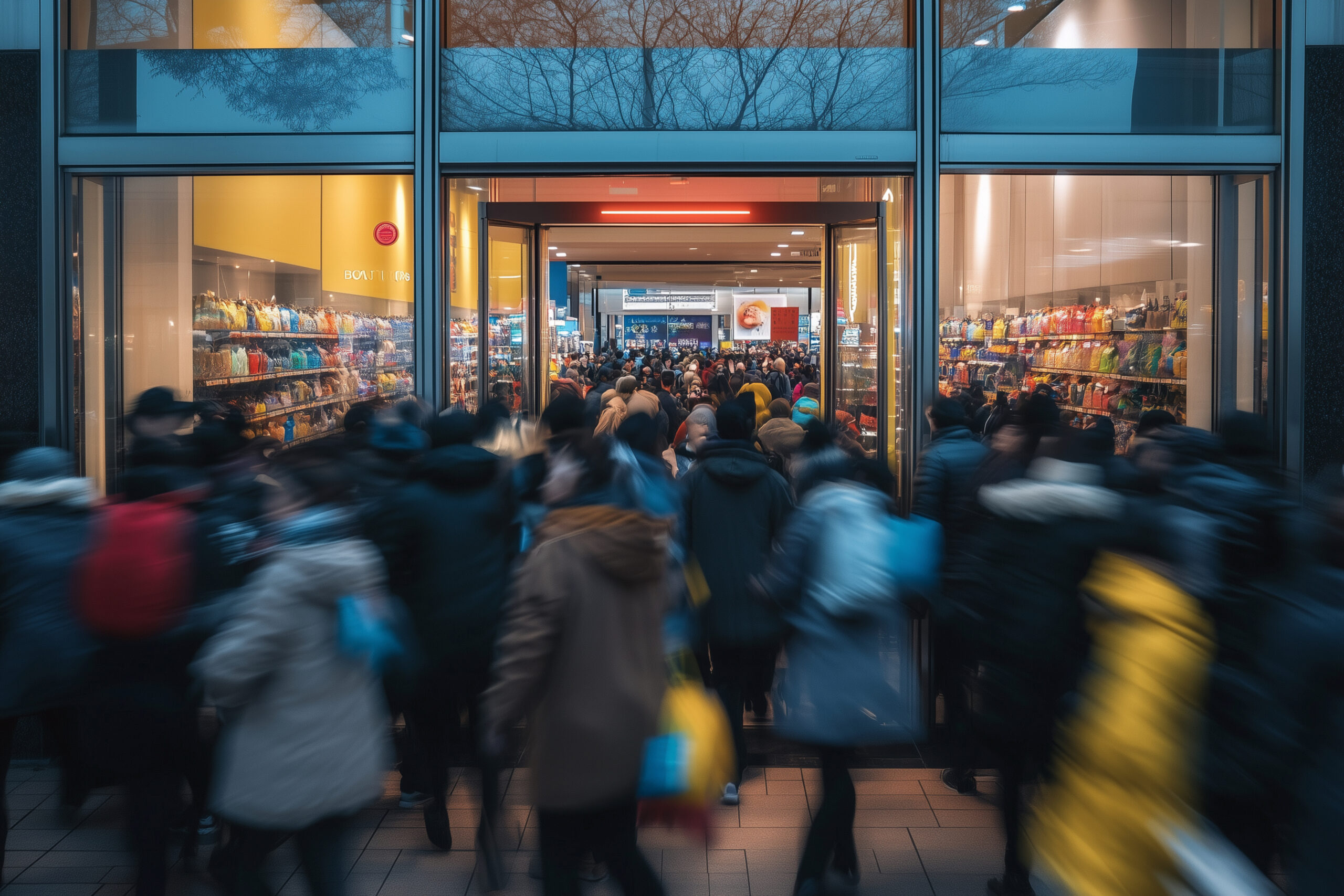People moving through busy outdoor shopping center, motion blur with storefront in focus. 