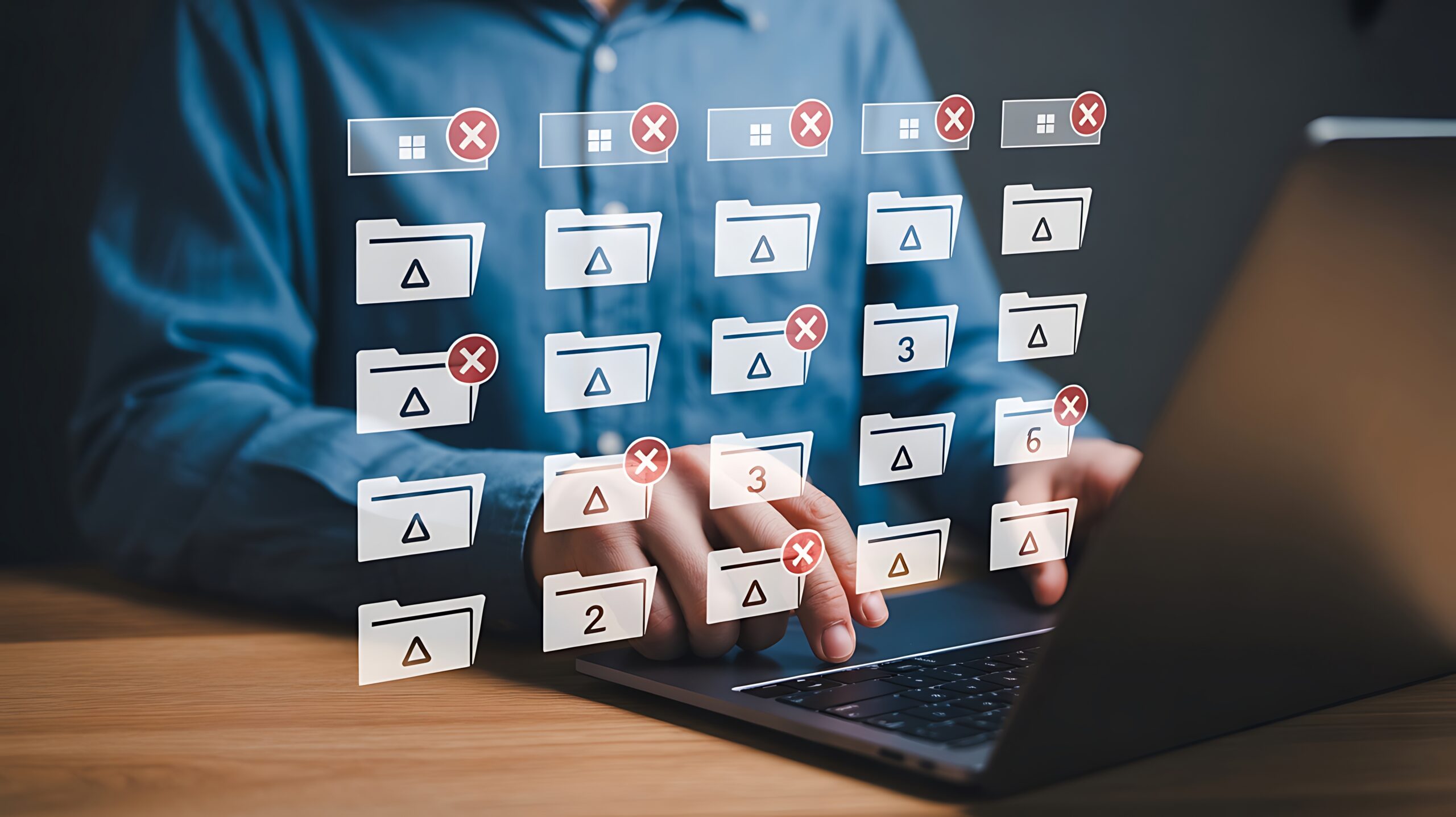 Image of person using laptop with overlay of digital file folders to represent a database