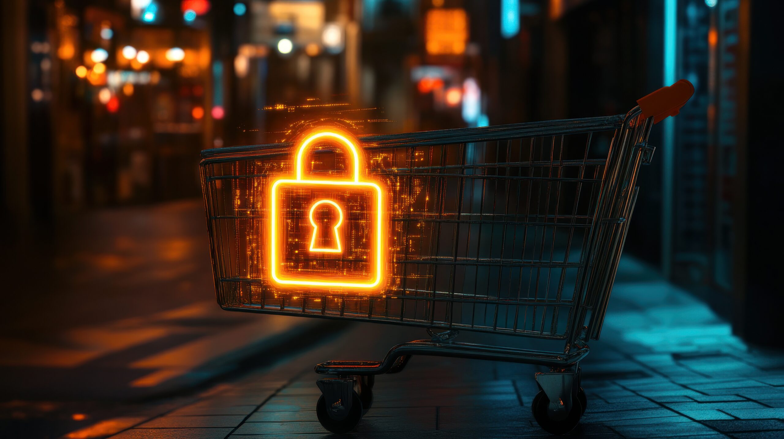 Shopping Cart with Neon Lock Symbol Shopping cart on sidewalk at night with orange glowing lock over it.