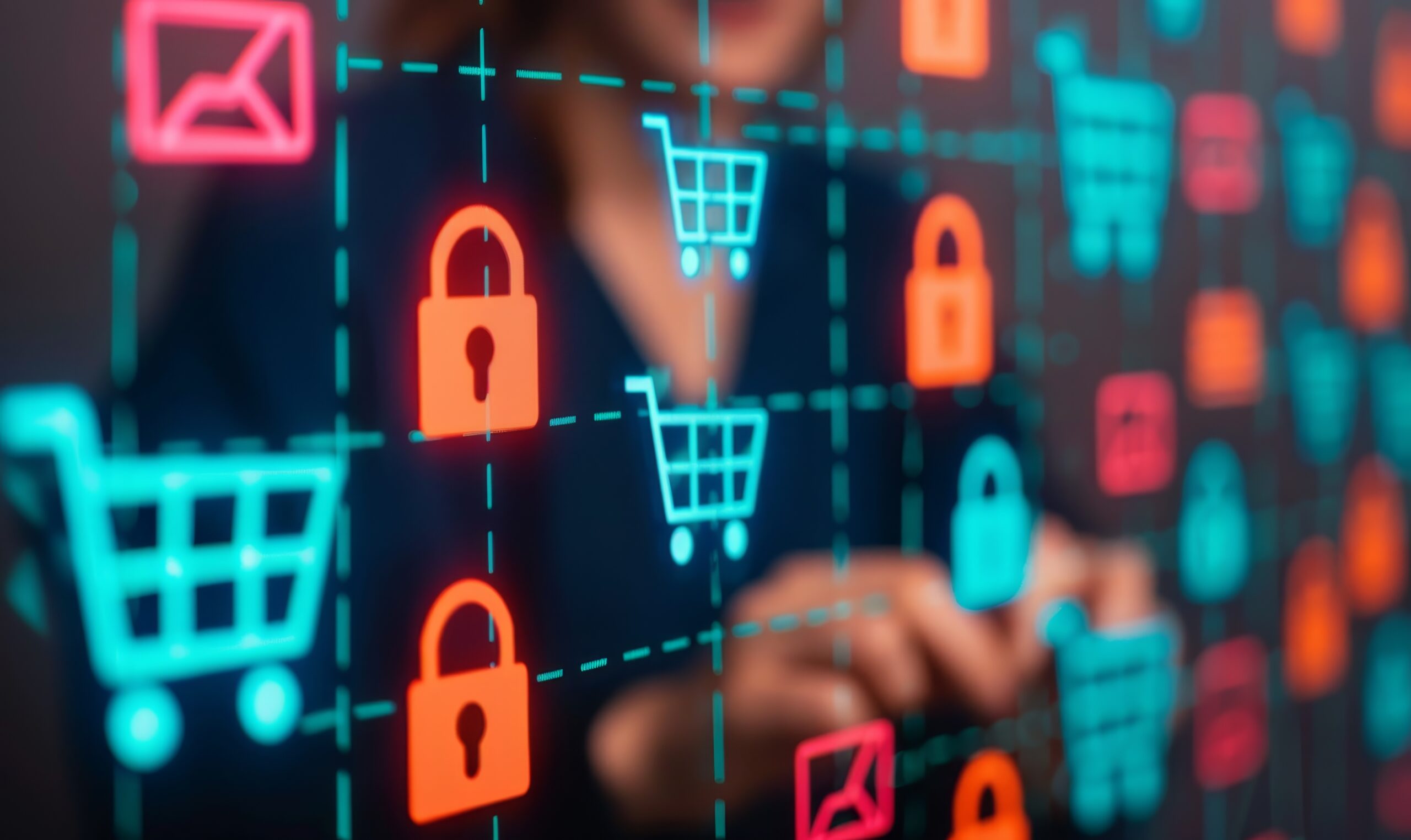 Abstract image of screen with orange locks and blue shopping carts